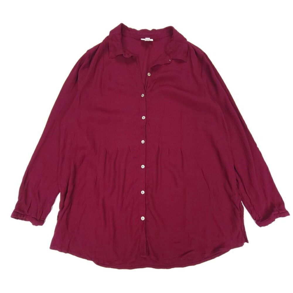 J JILL Pleated Long Sleeve Button Down Tunic Dress Shirt Women XL Burgundy Rayon